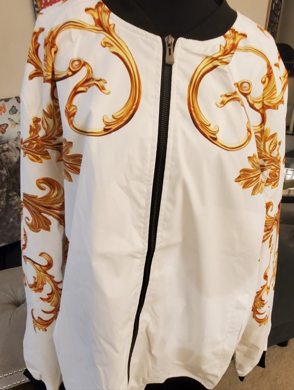 White and Gold Printed Bomber Jacket UNISEX